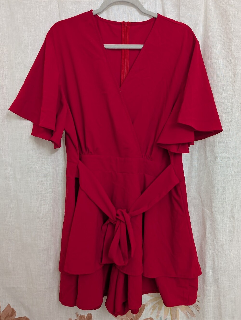 Red V-Neck Short Sleeve Romper with Tie Waist